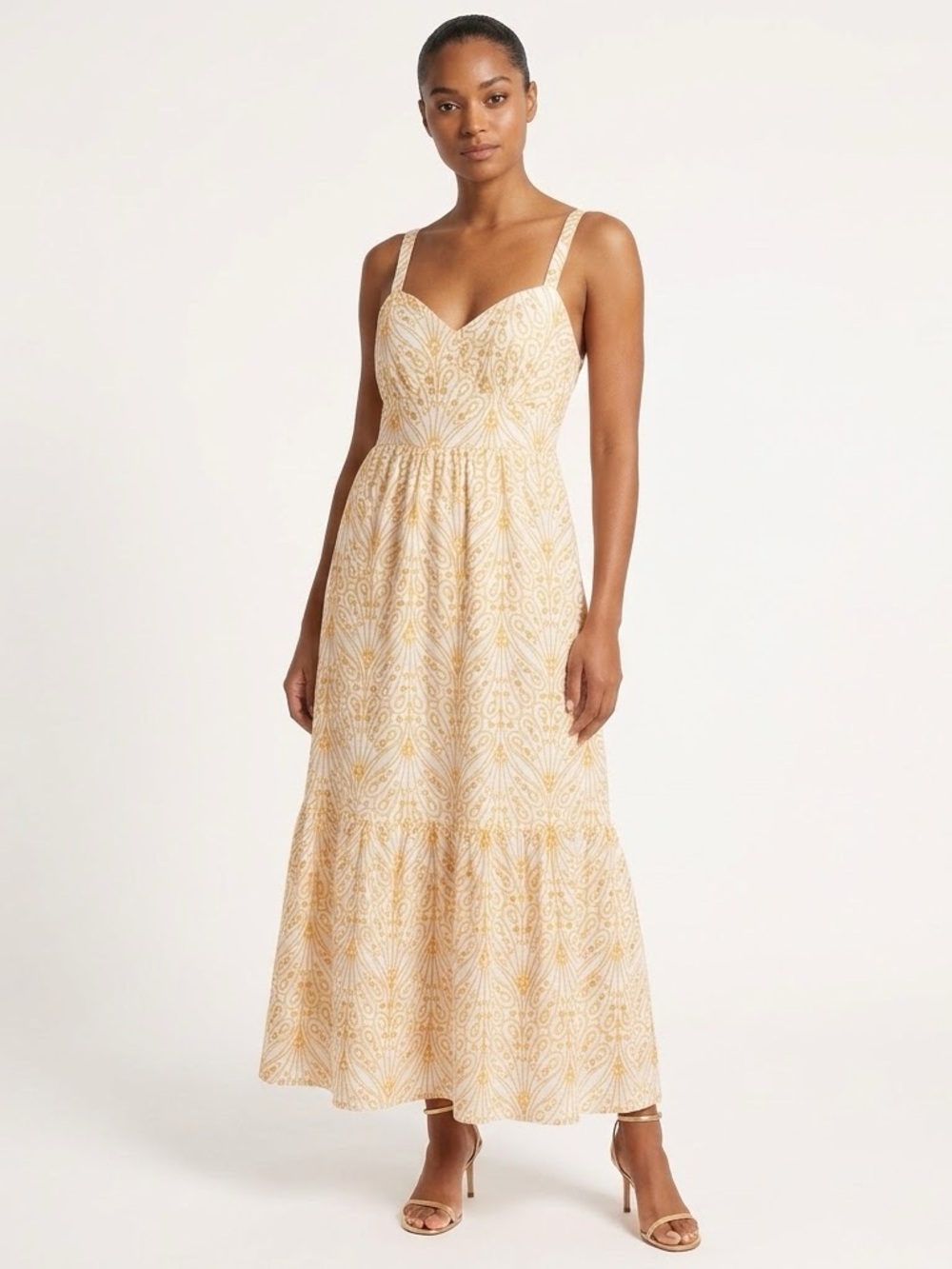 LOFT Petites Yellow White Eyelet Embroidered Maxi Dress 0P Cutout Back Tiered